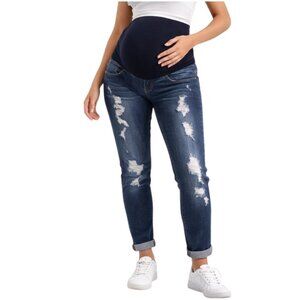 Haute Mama Stylish Distressed Maternity Skinny Jeans Over Belly Stretch Denim M